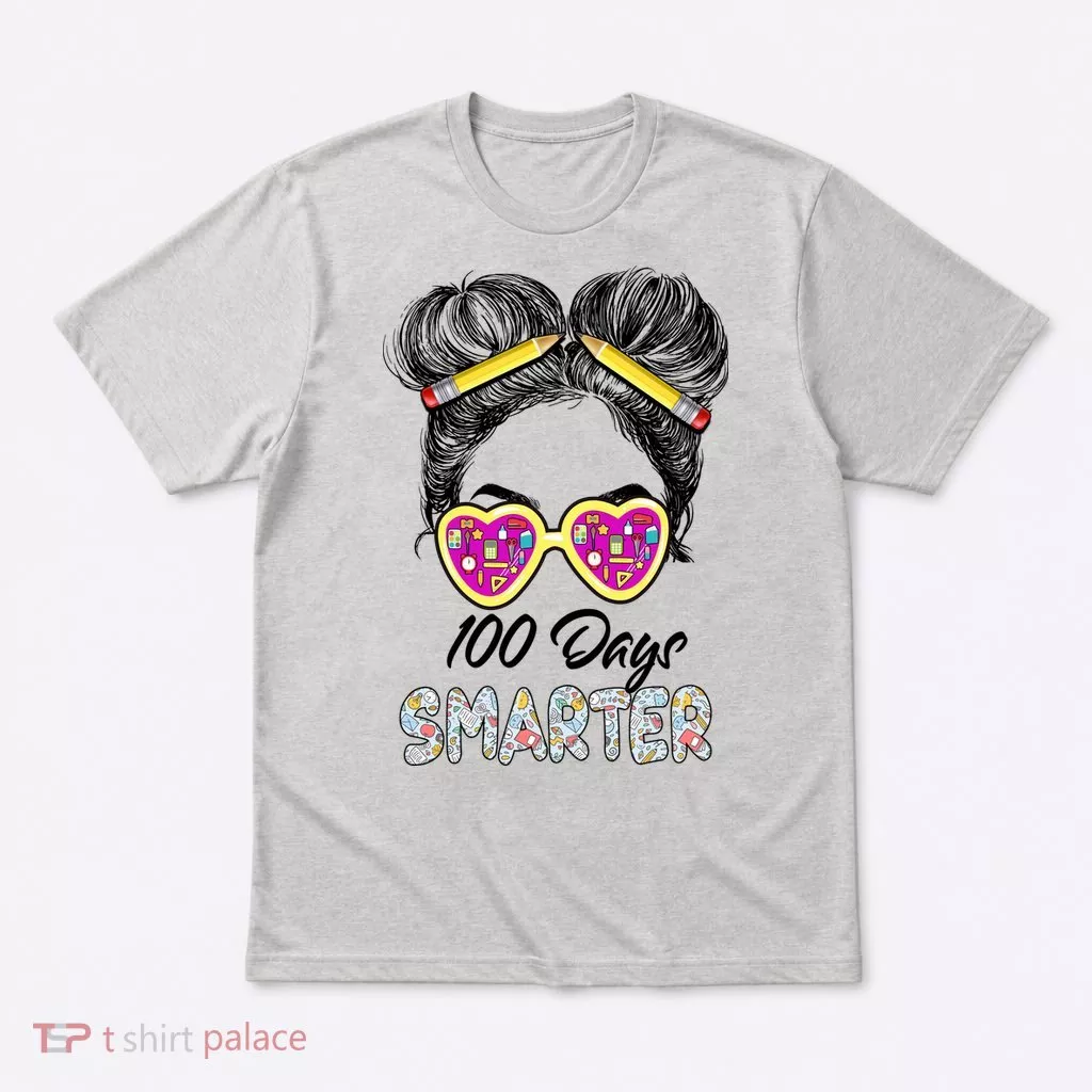 100 Days Smarter Girls Messy Bun Hair 100th Day Of School T-Shirt
